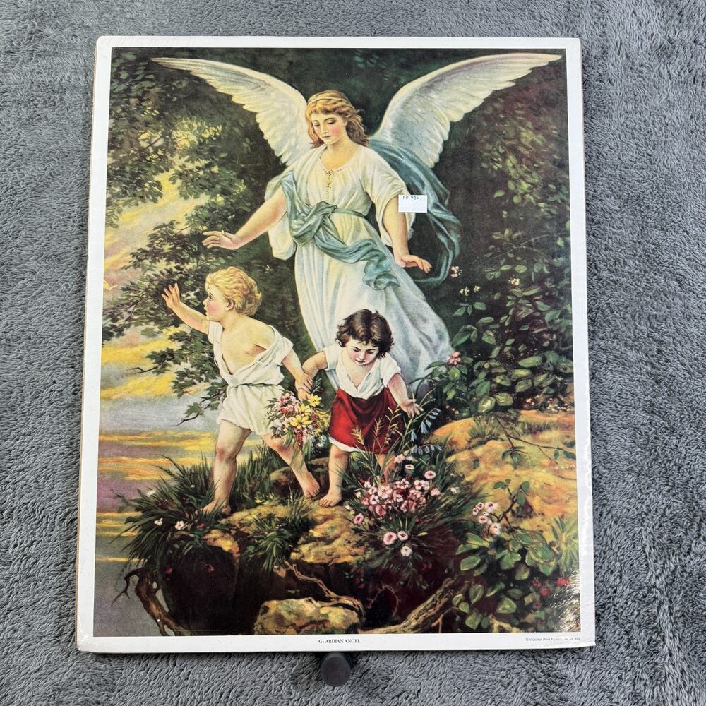 Guardian Angel Victorian Print Factory SEALED 21x17 1965 Vintage Shutzengel